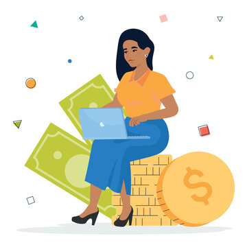 Woman sit at coin. Growing up finance. Coins and bancnote. Lady work at laptop