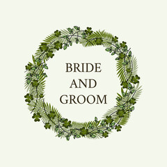 Modern watercolor background or elegant card design for birthday invitation, wedding or menu
 with an ornament of green branches, clover and fern on a light gray background.