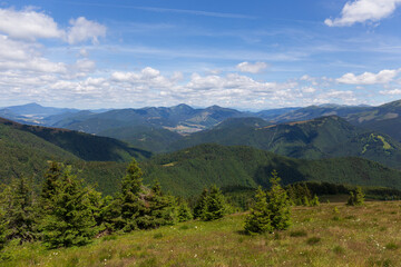 Summer Slovak Mountain Great Fatra, Velka Fatra, peaks Nova Hola (1361 m) and Zvolen (1403 m), views from them, Slovakia