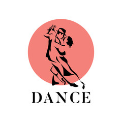 Dancing couple man and woman vector illustration, logo, icon for dansing school, party. White, Pink and black.