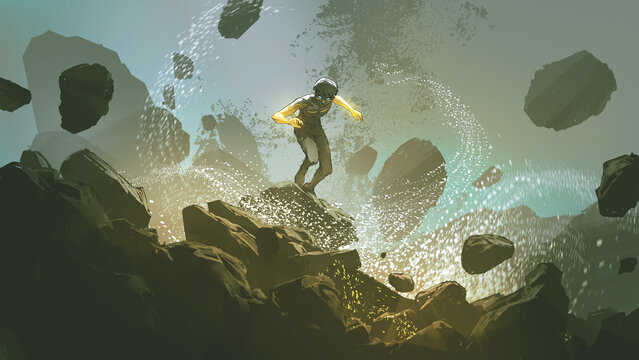 Fototapeta superhuman with glowing arms standing on the rocks, digital art style, illustration painting