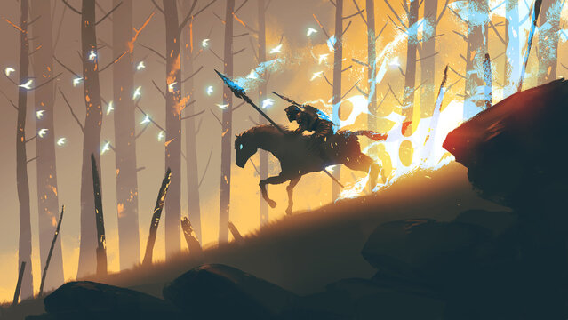 Fototapeta The knight with spear riding a horse through the fire forest, digital art style, illustration painting