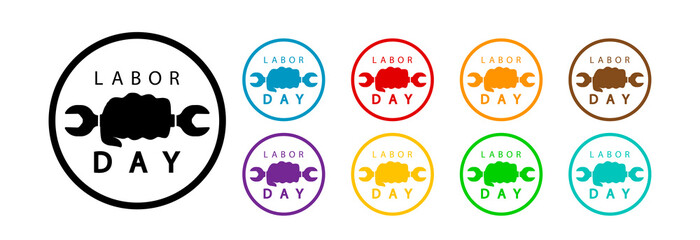 Labor day color icons set, fist with wrench.
