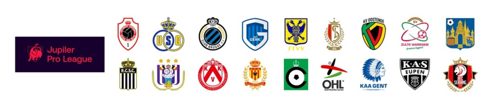 Belgian First Division A. Antwerp, Saint-Gilloise, Genk, Standard Liege, Oostende, Zulte Waregem, Westerlo, Charleroi, Anderlecht, Kortrijk, Mechelen, Gent, Eupen, Seraing. Kyiv, Ukr - July 24, 2022