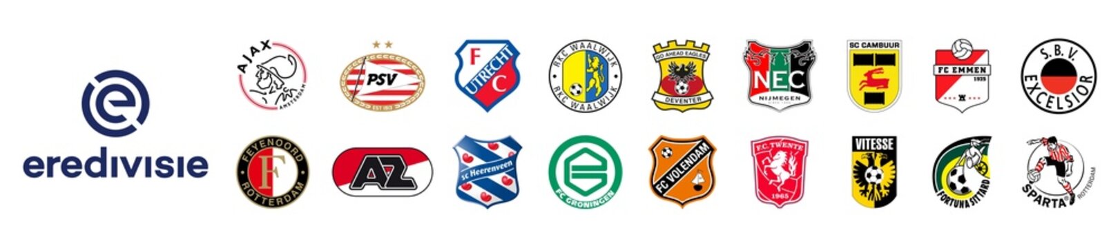 Eredivisie 2022-2023. Ajax, Eindhoven, Utrecht, Waalwijk, Go Ahead Eagles, Nijmegen, Cambuur, Emmen, Feyenoord, Alkmaar, Heerenveen, Groningen, Volendam, Twente, Vitesse etc. Kyiv, Ukr - July 24, 2022
