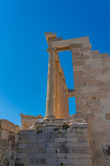 Columns of famous Athens sightseeing Hekatompedon Temple in Acropolis without visitors on sunny day