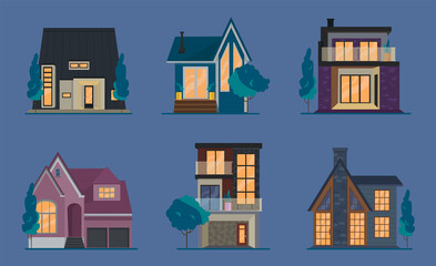 Residential building, house. Collection of 6 houses. Atmosphere of the night. Vector graphic.