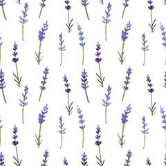 Naklejka premium Watercolor lavender pattern seamless on white background. For provence design and summer vibe.