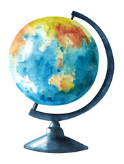 Watercolor globe. School globe on a black stand