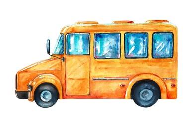 Watercolor bus. Yellow school bus on a white background