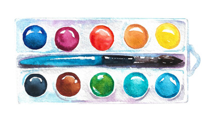 Watercolor palette. Plastic box with multi-colored paints and a brush
