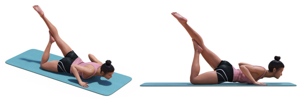 Front and Right Profile Poses of a virtual Woman in Yoga Flying Locust Pose on a Mat on white