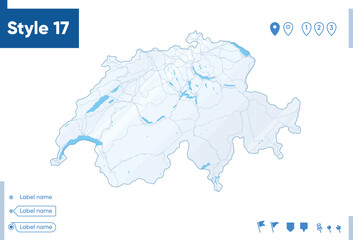 Switzerland - map isolated on white background with water and roads. Vector map.