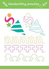 Trace line worksheet for kids. Basic writing. Working pages for children.