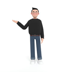 A young creative businessman standing with his arms crossed in a black sweater is pointing to the left side of the picture.3D Render.