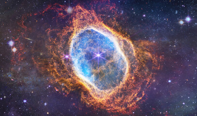 Southern Ring Nebula. Space collage from JWST. James webb telescope research of galaxies. Deep space. Elements of this image furnished by NASA © dimazel
