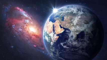Earth planet in space. Spiral galaxy in deep space. Solar system exploration. Elements of this image furnished by NASA