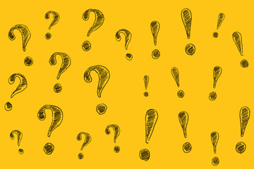 Hand drawn question marks on the left and exclamation marks on the right. FAQ or discussion concept.