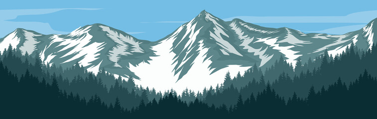 Pine forest mountain landscape vector with snowy mountains as background  For designing book covers, website templates.