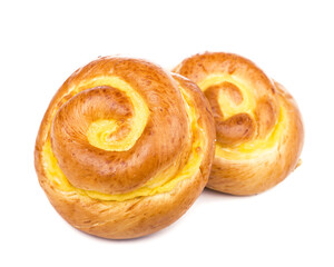 appetizing tasty custard buns on white plate