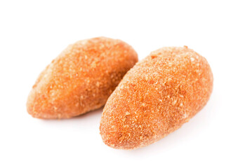 two fried breaded cutlet isolated on white background