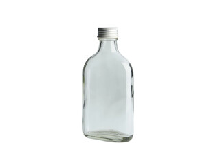 One empty glass russian vodka bottle with black cap isolated on a white background