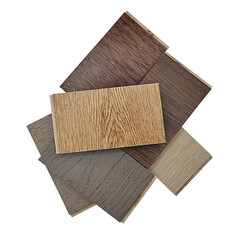 random placed of engineered hard wood flooring samples in different color and texture including tints, grey oak, natural maple, ash for home remodeling, isolated on background with clipping path.