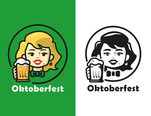 CUTE WOMAN IS HOLDING A MUG OF BEER IN TWO DIFFERENT COLORS CARTOON LOGO SET