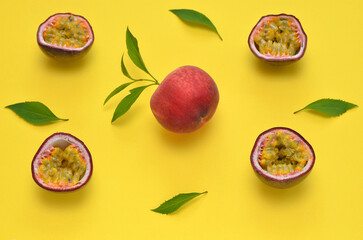 mix of flavors peach and passion fruit on a yellow background