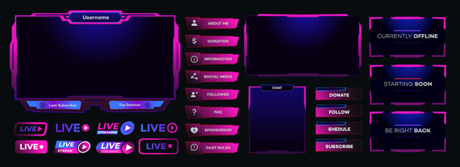 Vector streaming screen panel overlay game template neon theme. Live video, online stream futuristic technology style. Abstract digital user interface. Live streaming button. Vector 10 eps