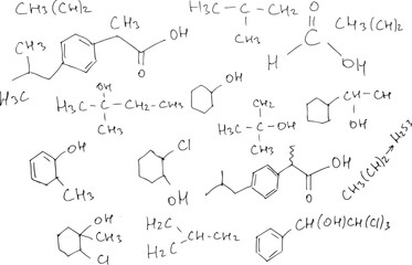 Chemical formulas. Scientific background on a white background. Hand-drawn. Vector image.