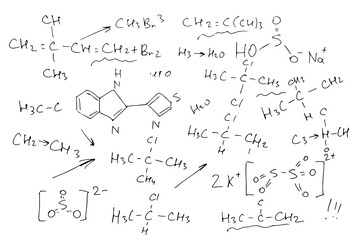 Chemical formulas. Scientific background on a white background. Hand-drawn. Vector image.