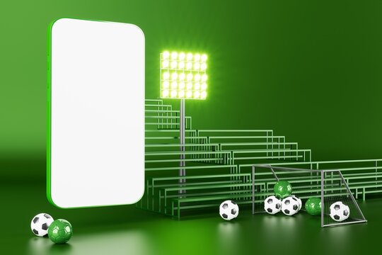 smartphone with a white screen. sports object on dark background. 3d copy space. live program online. 3d illustration. sport competition application online. online live app broadcast. soccer game