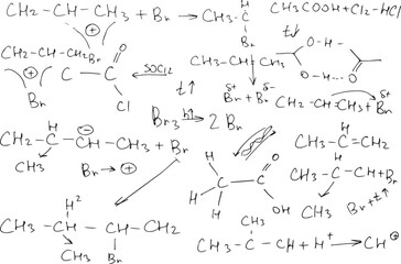Chemical formulas. Scientific background on a white background. Hand-drawn. Vector image.