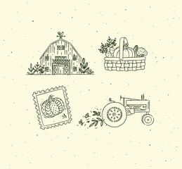 Village collection of icons barn, vegetable basket, stamp, tractor drawing in graphic style on beige background