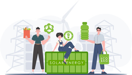 The concept of ecology and care for the environment. ECO team. Cartoon trendy style. Vector illustration.