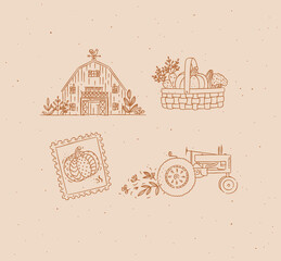 Village collection of icons barn, vegetable basket, stamp, tractor drawing in graphic style on peach background