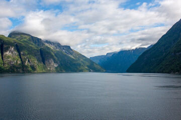 Entrance of the Geiranger fjords near Geiranger town from harbor Møre og Romsdal at Geirangerfjorden in Norway (Norwegen, Norge or Noreg)