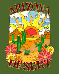 Arizona desert  vector print design for t shirt and others. Retro vintage art with Arizona desert and cactus. Arizona desert retro vibes print. Retro vibes art 