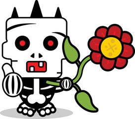 vector cartoon cute halloween skull autumn mascot character holding flowers