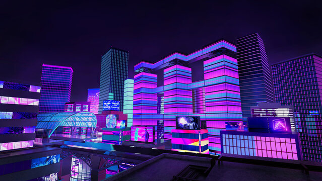 View on roof top futuristic metaverse smart city on night time which have digital screen advertising ,  blue and violet color tone ,3d rendering.