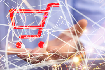 Businessman pressing modern technology panel shopping cart web phone credit card.