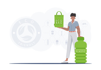 The concept of ecology and care for the environment. A man holds an ECO BAG in his hands. Trend style.Vector illustration.