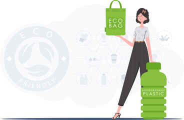 Concept of green world and ecology. A woman holds an ECO BAG in her hands. Fashion trend illustration in Vector.