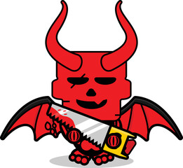 cute skull red devil mascot character cartoon vector holding saw