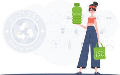The concept of ecology and care for the environment. A woman holds a bottle made of biodegradable plastic in her hands. Fashion trend vector illustration.