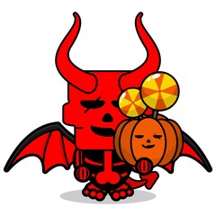 cute skull red devil mascot character cartoon vector holding pumpkin candy