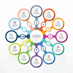 Basic circle infographic template with 12 steps, process or options, process chart, Used for process diagram, presentations, workflow layout, flow chart, infograph. Vector eps10 illustration.