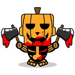 vector cartoon pumpkin mascot character halloween cute skull holding bloody ax
