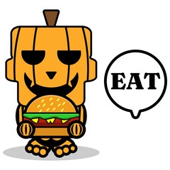 vector cartoon pumpkin mascot character cute skull eating burger